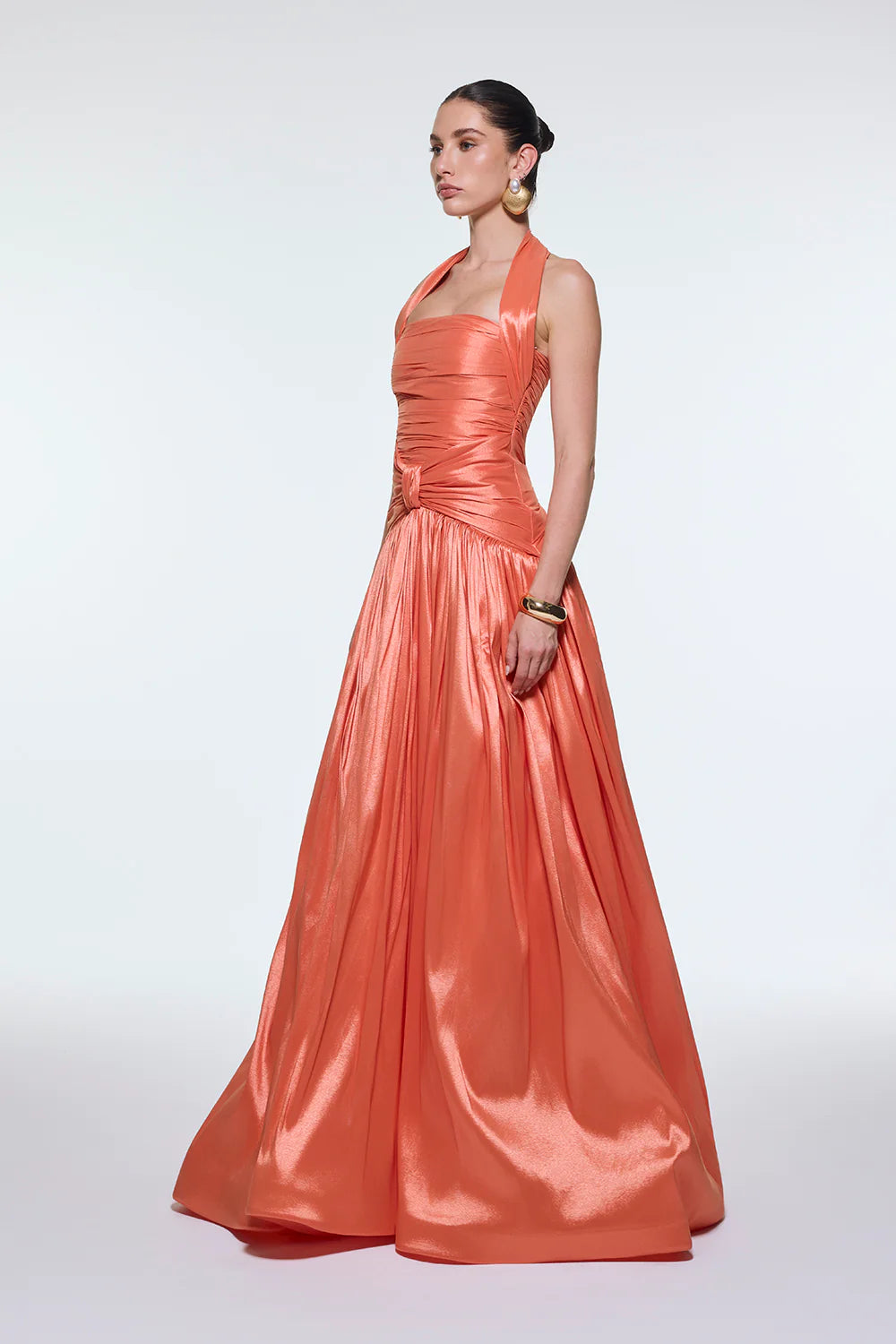 BOYUNDAN ASKILI DRAPELİ TAFTA UZUN ABİYE ELBİSE - 9280C