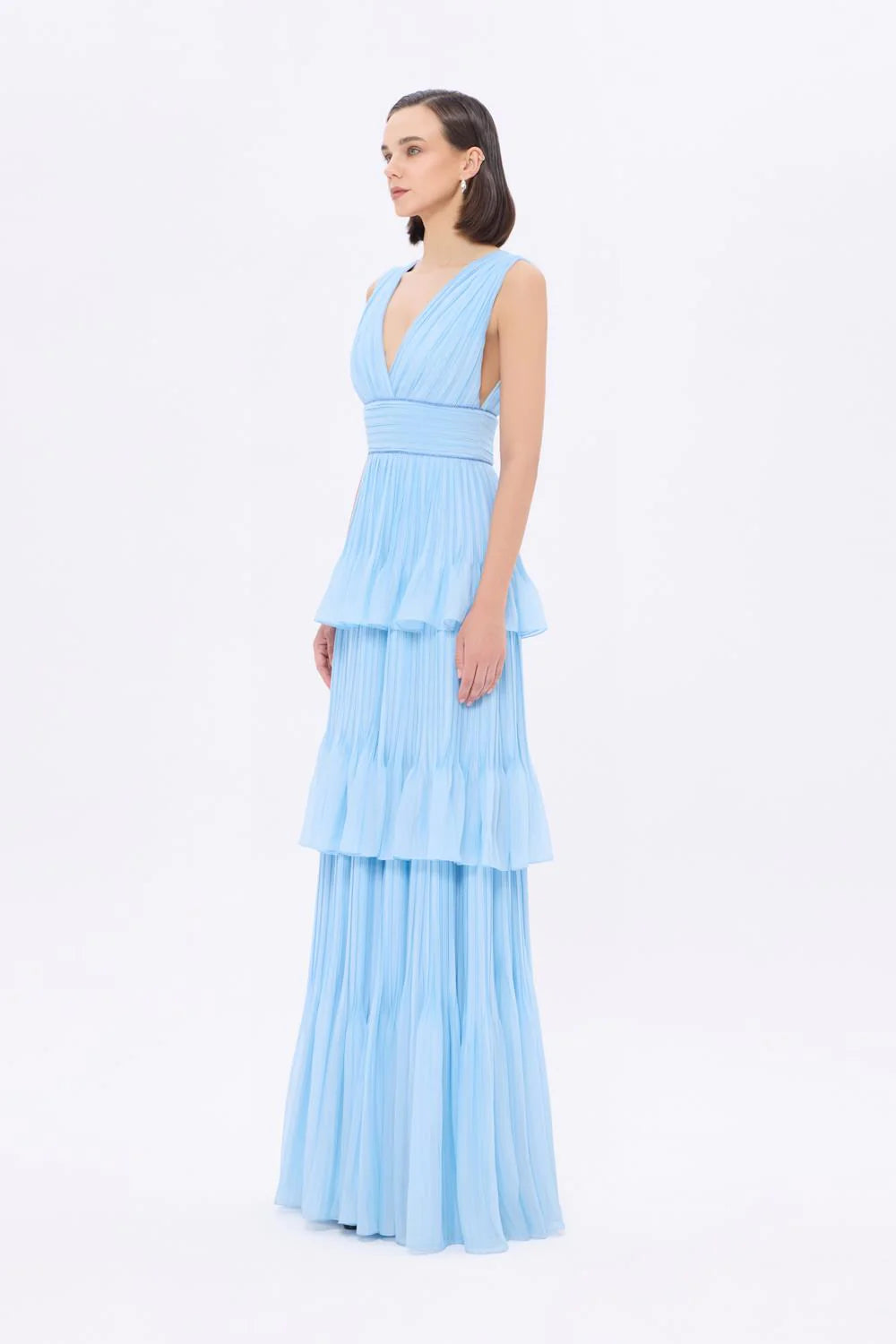 V YAKA VOLANLI ŞİFON UZUN ABİYE ELBİSE - 9274C