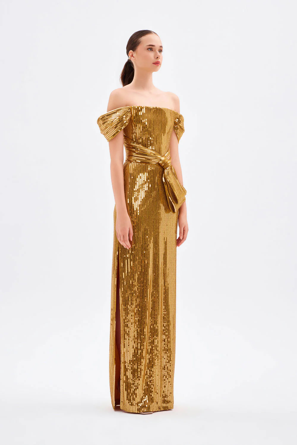 FİYONK DETAYLI PAYETLİ UZUN ABİYE ELBİSE - 9055C