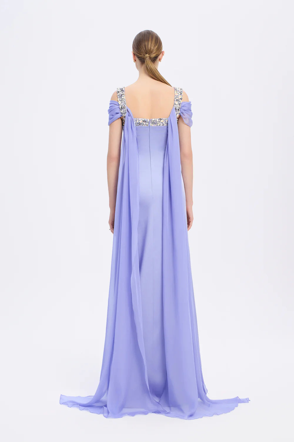 ŞİFON PELERİNLİ TAŞ İŞLEMELİ ASKILI UZUN ABİYE ELBİSE - 9053C