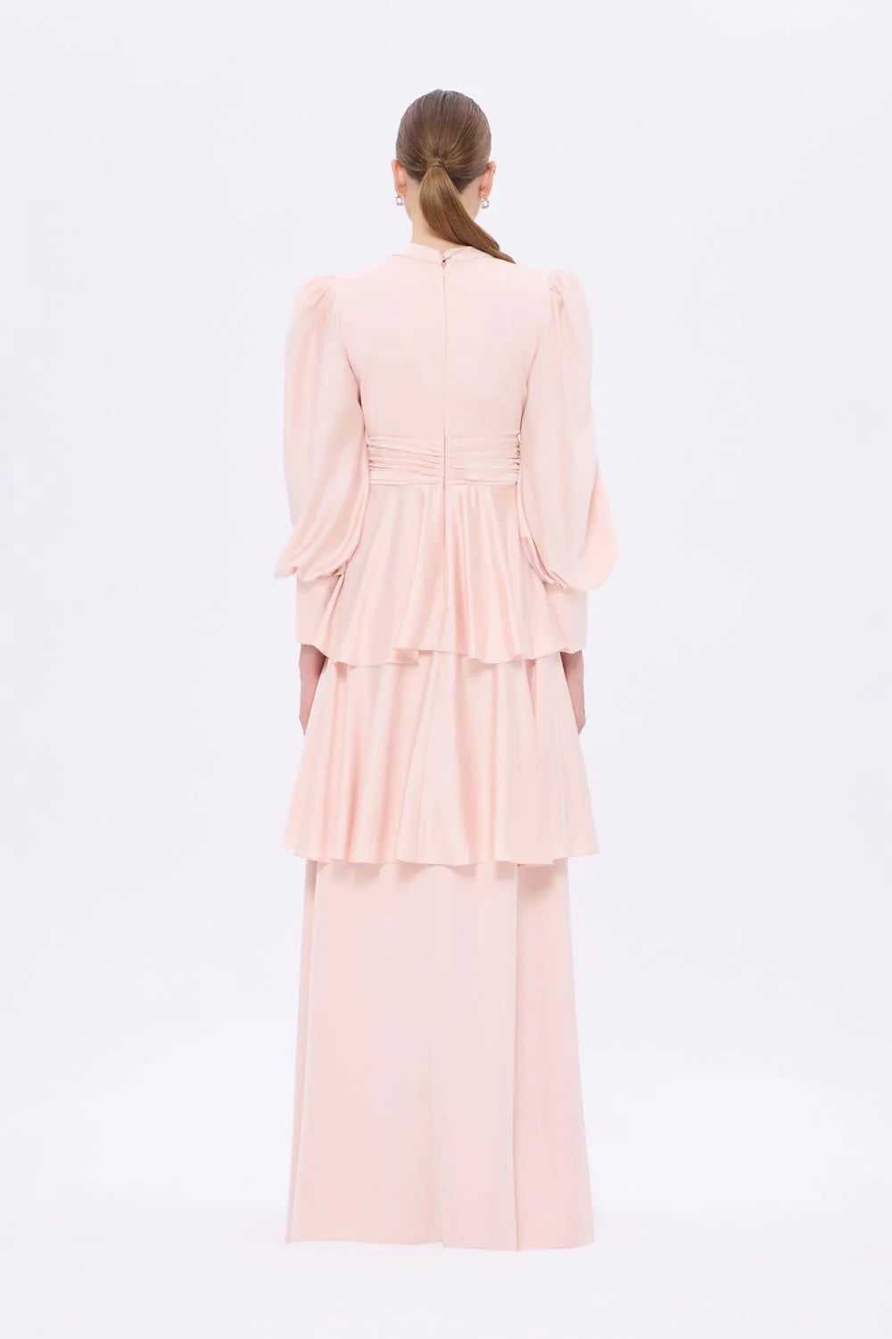 BALON KOLLU VOLAN DETAYLI UZUN ABİYE ELBİSE - 9363C