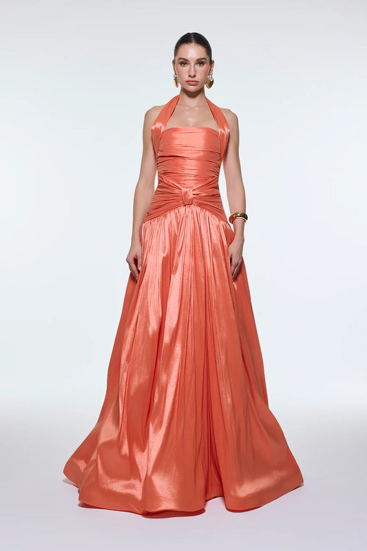 BOYUNDAN ASKILI DRAPELİ TAFTA UZUN ABİYE ELBİSE - 9280C