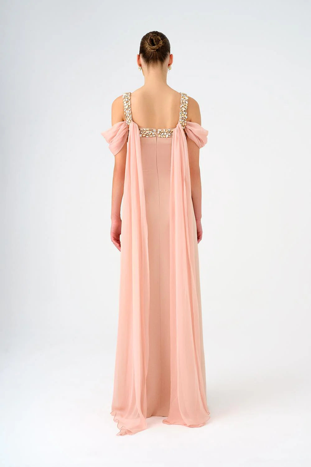 ŞİFON PELERİNLİ TAŞ İŞLEMELİ ASKILI UZUN ABİYE ELBİSE - 9053C