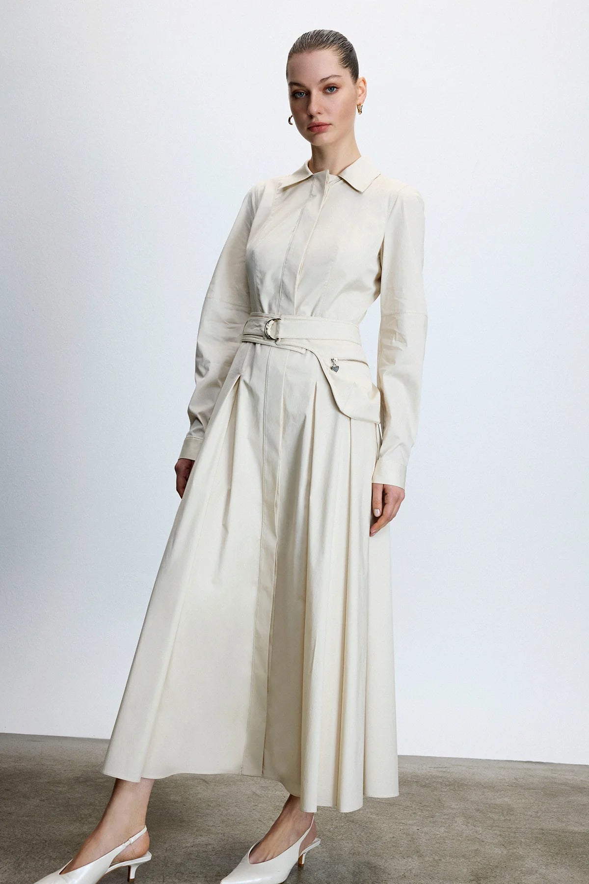 GÖMLEK YAKA BEL KUŞAKLI MİDİ ELBİSE 9117