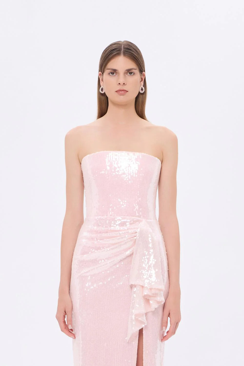 BEL ÖRTÜ DETAYLI STRAPLEZ MİDİ ABİYE ELBİSE - 9295C