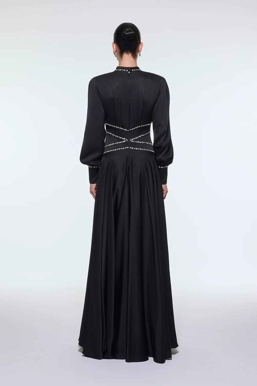 TAŞ İŞLEMELİ DİK YAKA SATEN UZUN ABİYE ELBİSE - 9219C