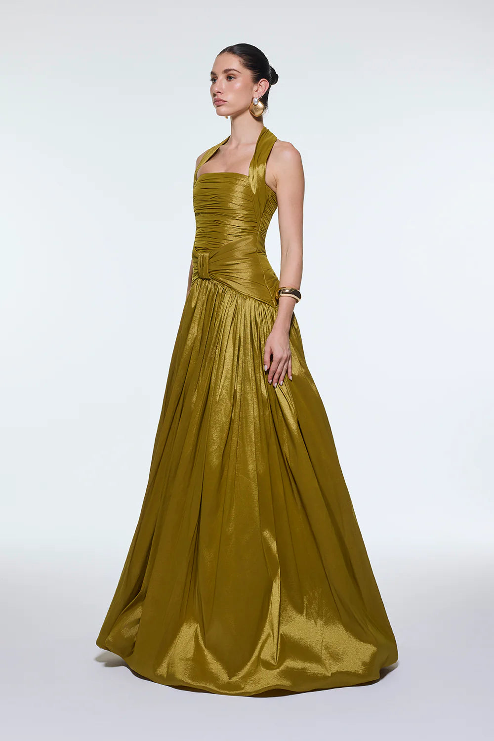 BOYUNDAN ASKILI DRAPELİ TAFTA UZUN ABİYE ELBİSE - 9280C