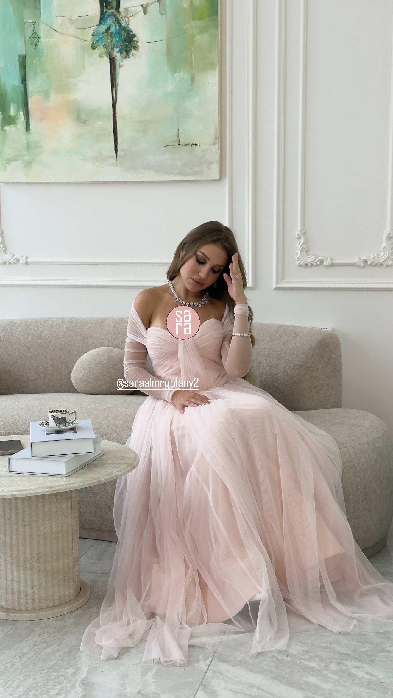 TRANSPARAN TÜL KOLLU STRAPLEZ UZUN ABİYE 2220