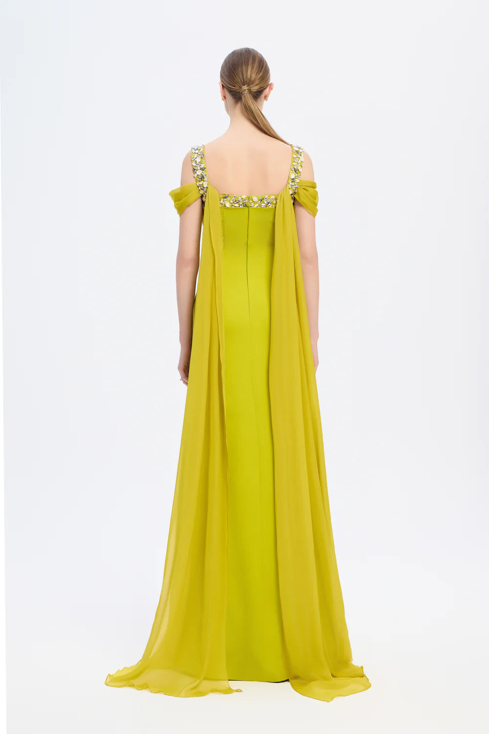 ŞİFON PELERİNLİ TAŞ İŞLEMELİ ASKILI UZUN ABİYE ELBİSE - 9053C