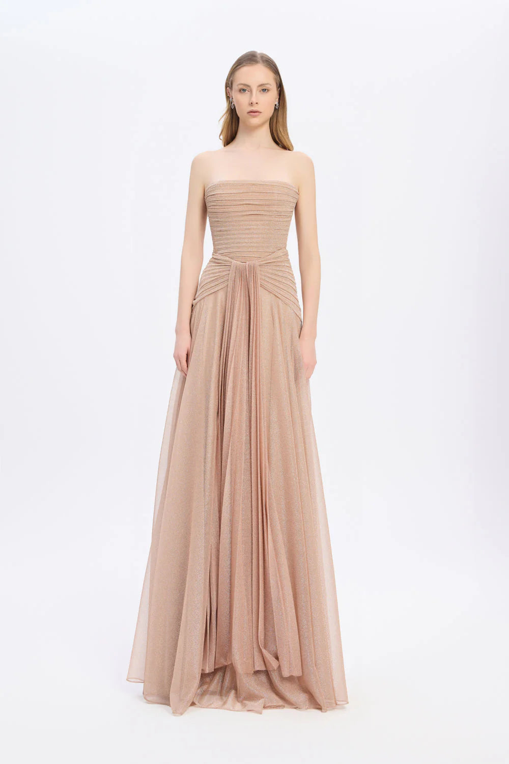 STRAPLEZ YAKA SİMLİ UZUN ABİYE ELBİSE 9167C