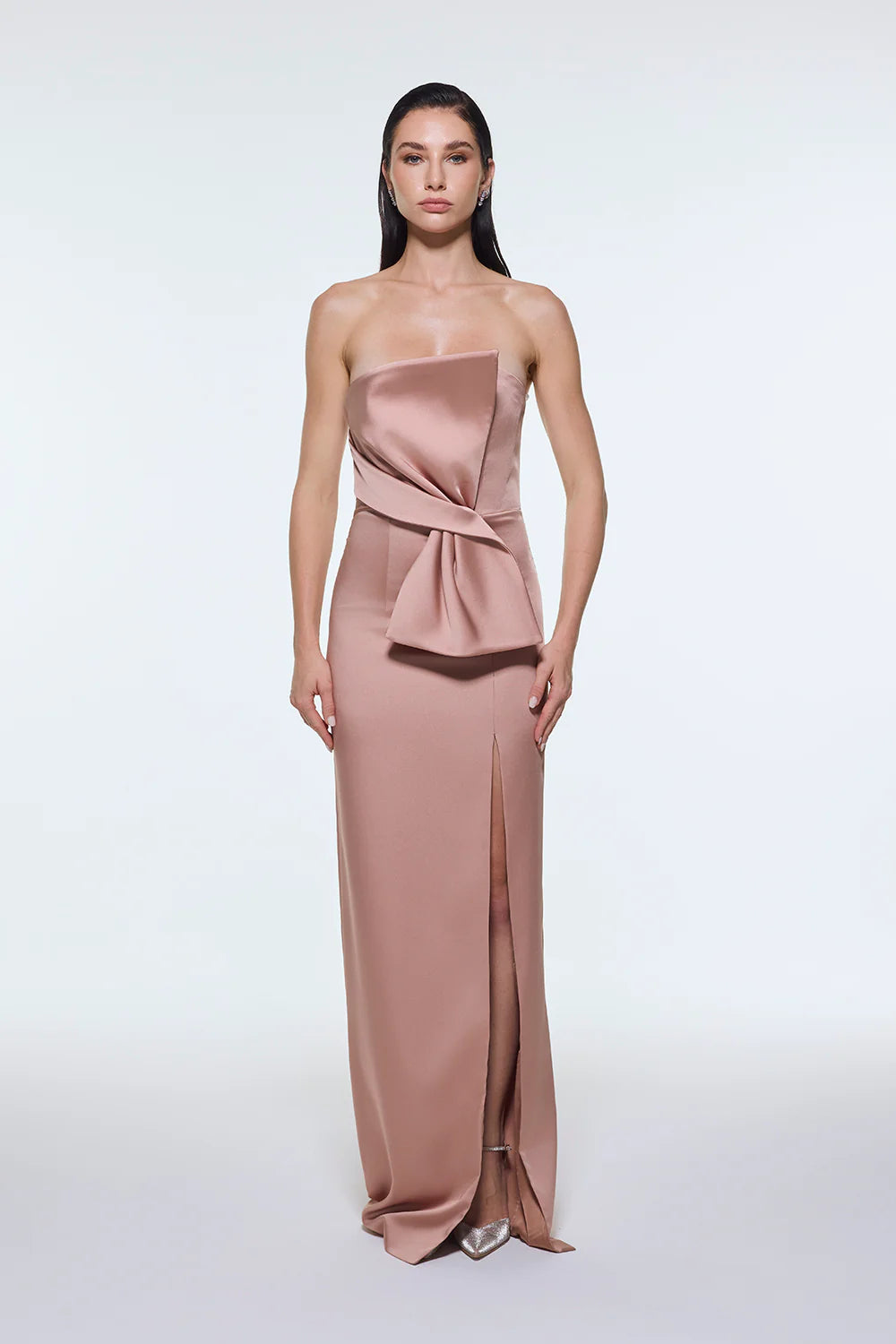 STRAPLEZ YAKA YIRTMAÇLI SATEN UZUN ABİYE ELBİSE - 9281C
