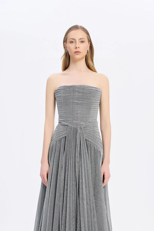 STRAPLEZ YAKA SİMLİ UZUN ABİYE ELBİSE - 9167C