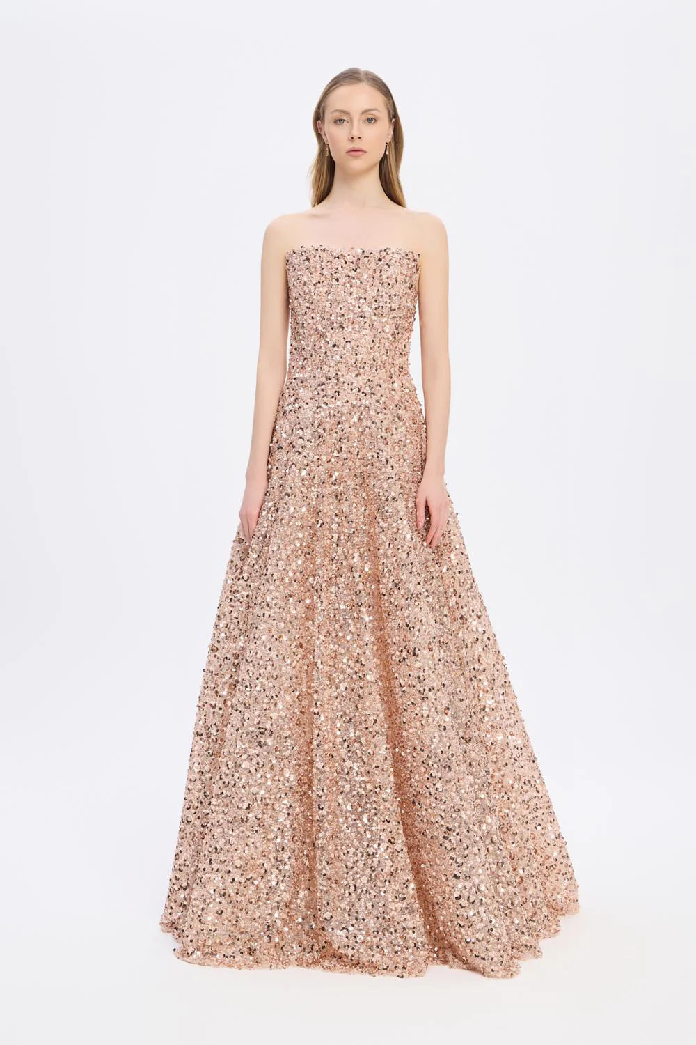 PAYET İŞLEMELİ STRAPLEZ UZUN ABİYE ELBİSE - 9331C