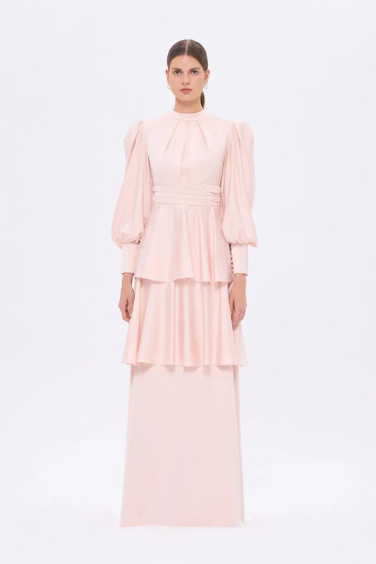 BALON KOLLU VOLAN DETAYLI UZUN ABİYE ELBİSE - 9363C