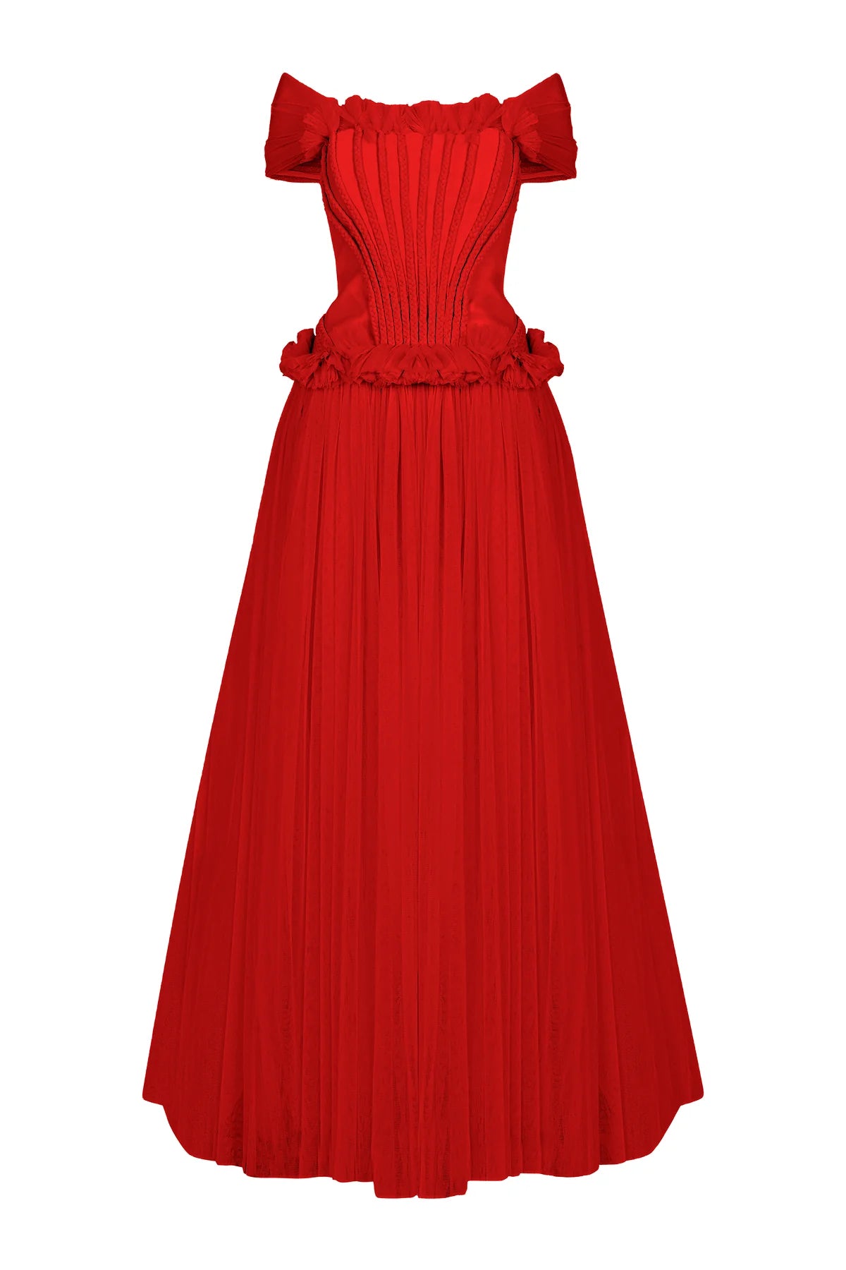 BELİ BÜZGÜ DETAYLI OMUZLARI AÇIK UZUN ABİYE ELBİSE 1237