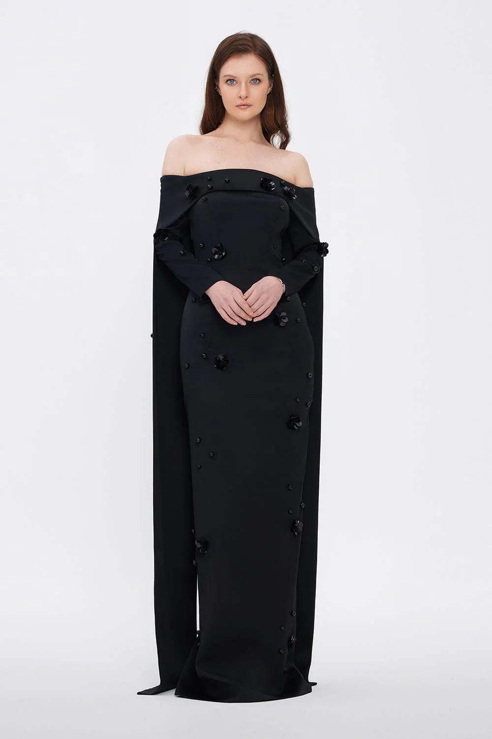 KAYIK YAKA AKSESUAR DETAYLI UZUN ABİYE ELBİSE - 01026C