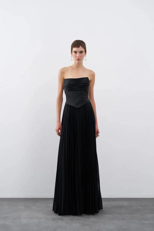 STRAPLEZ DRAPELİ ETEĞİ PİLİSELİ UZUN ABİYE ELBİSE 2101