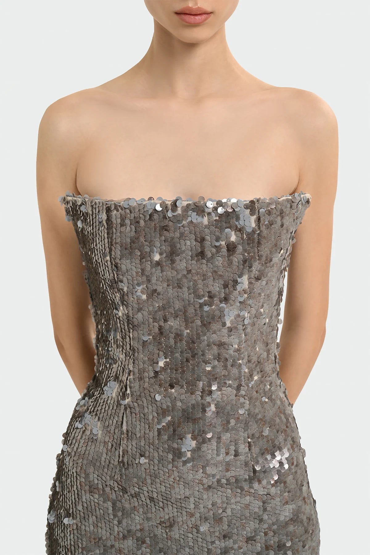 PUL PAYETLİ STRAPLEZ ABİYE ELBİSE