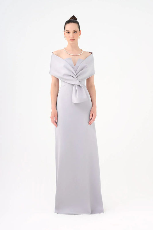 ŞALLI STRAPLEZ YAKA SATEN UZUN ABİYE ELBİSE - 9056C