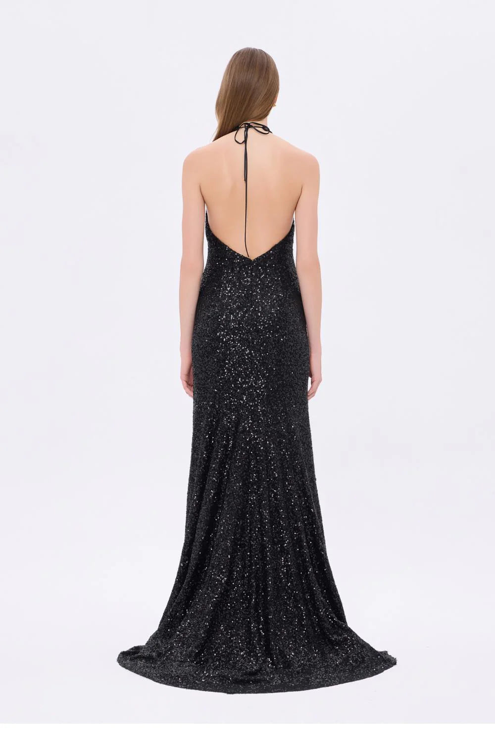 BOYUNDAN ASKILI ÇİÇEK DETAYLI PAYET UZUN ABİYE ELBİSE - 9348C