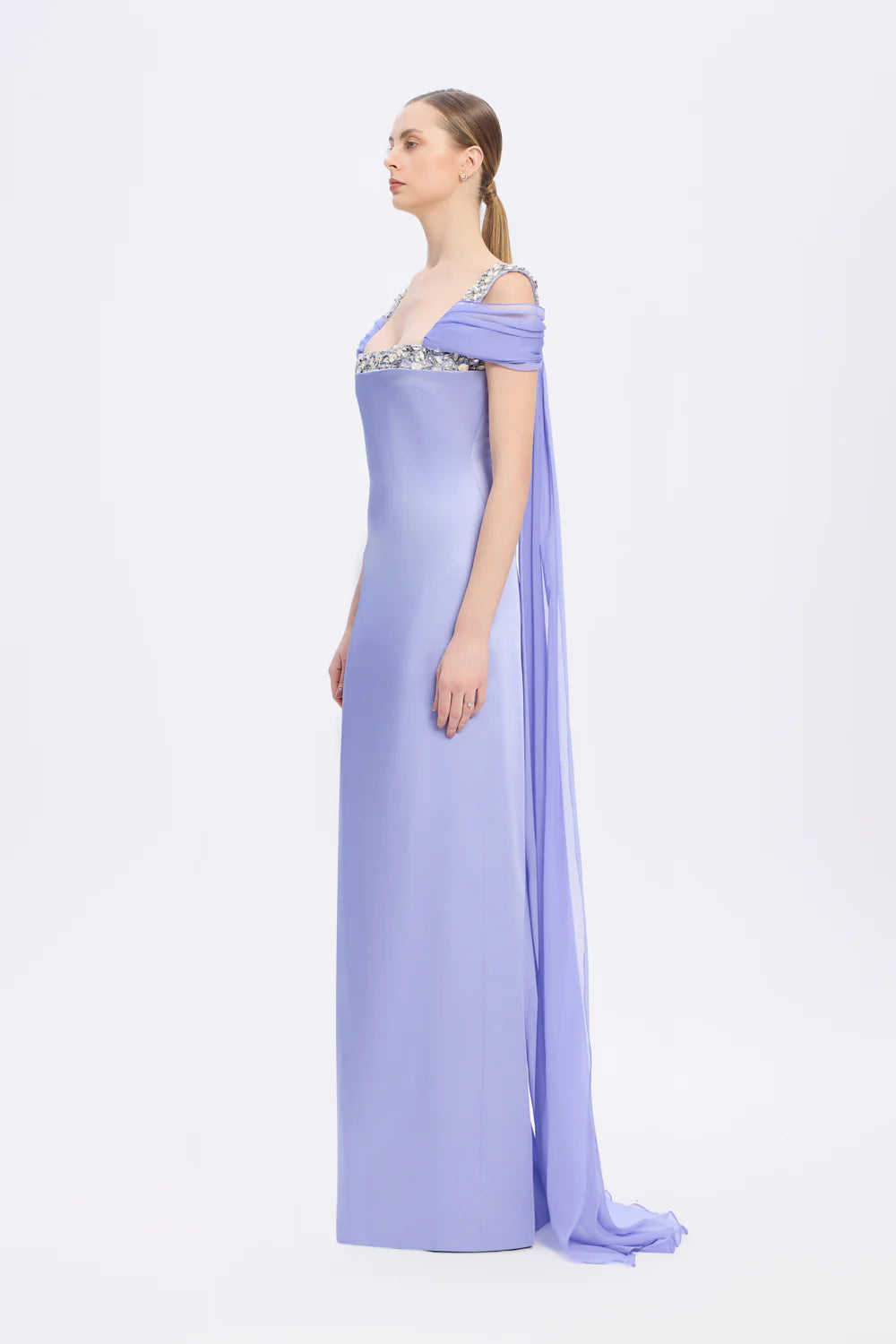 ŞİFON PELERİNLİ TAŞ İŞLEMELİ ASKILI UZUN ABİYE ELBİSE - 9053C