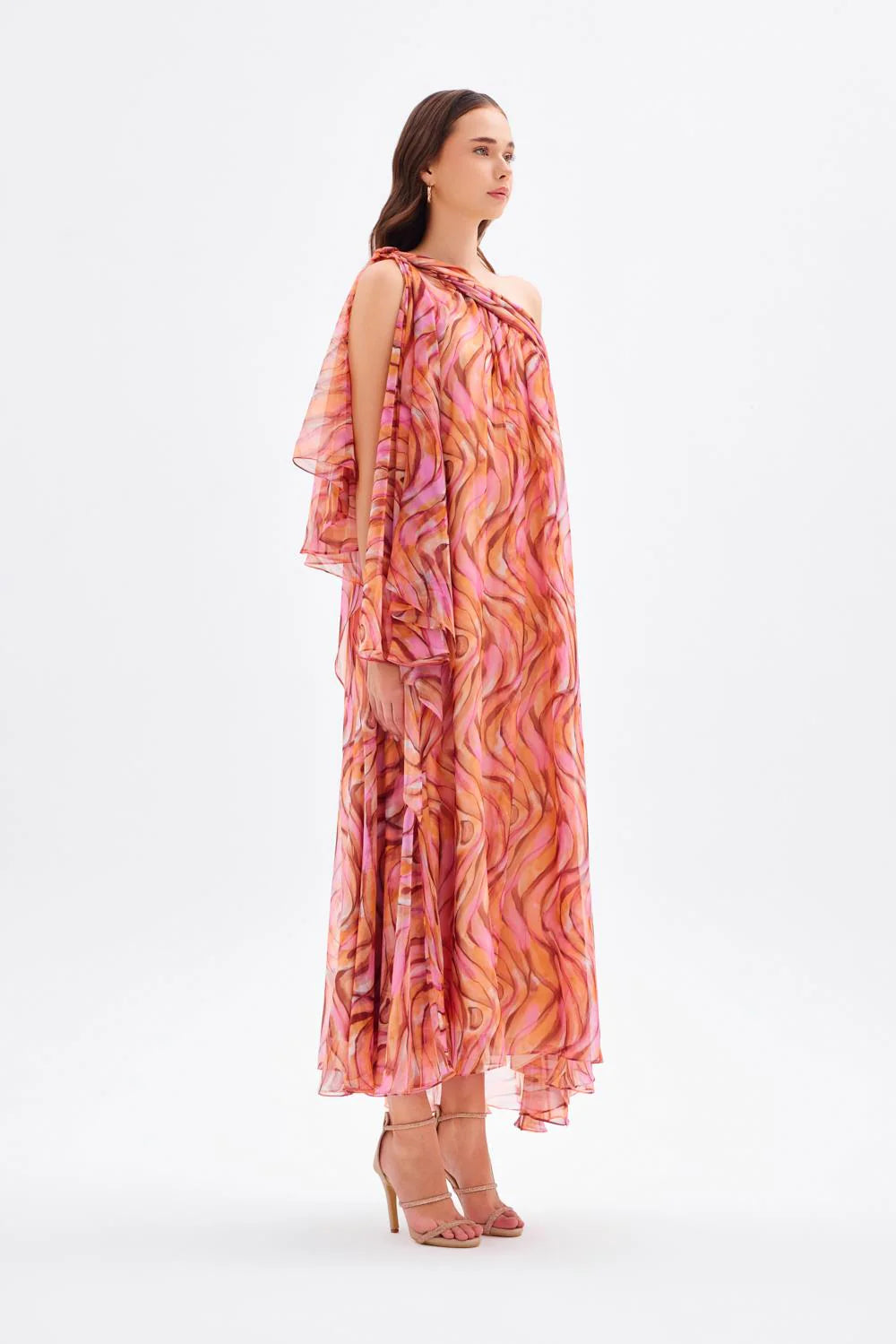 DÜŞÜK OMUZLU ŞİFON MİDİ ABİYE ELBİSE - 9081C