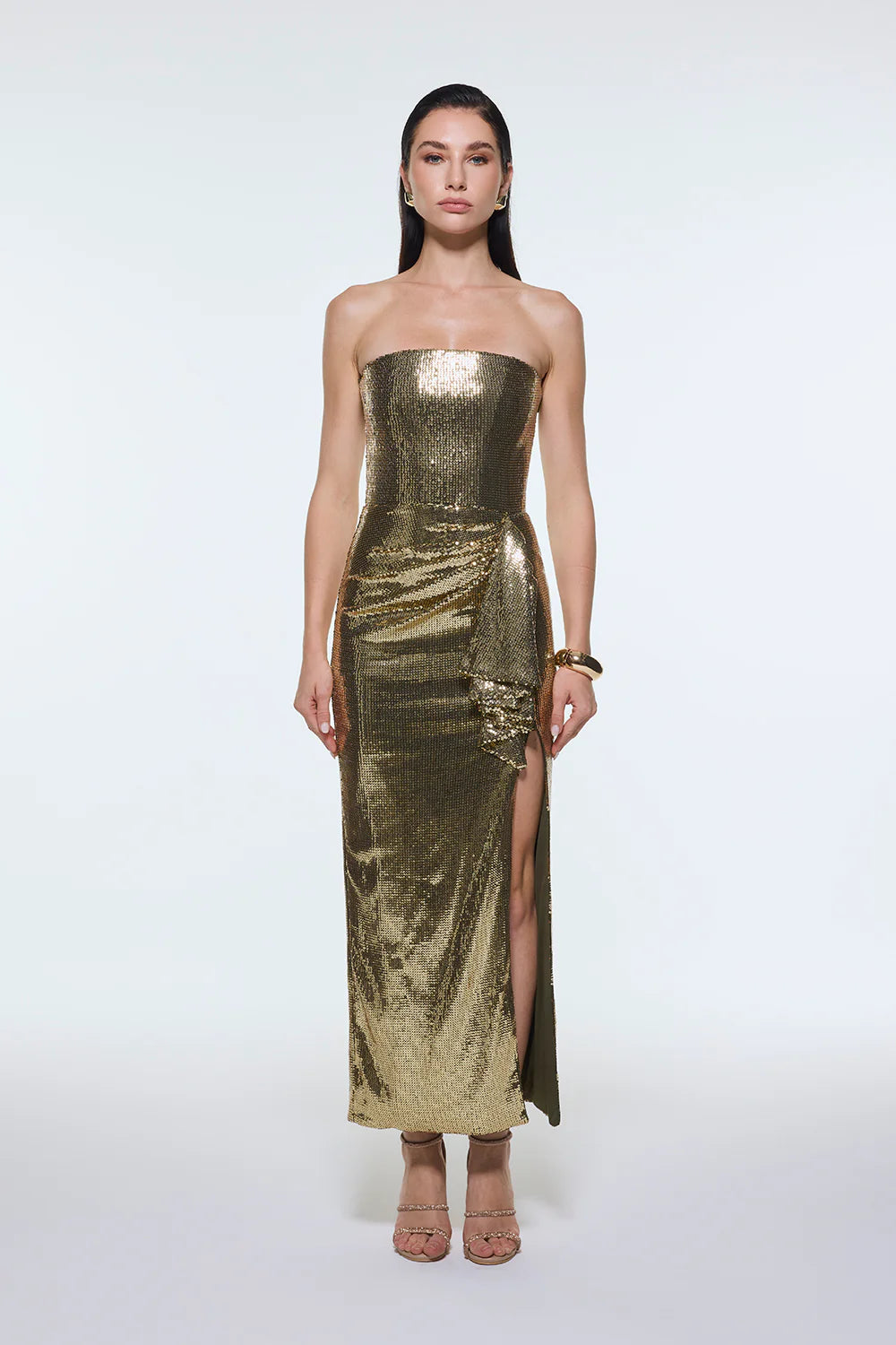 BEL ÖRTÜ DETAYLI STRAPLEZ MİDİ ABİYE ELBİSE - 9295C