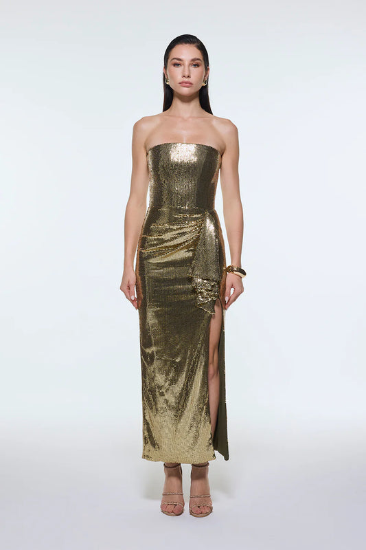 BEL DRAPE DETAYLI STRAPLEZ MİDİ ABİYE ELBİSE - 9295C