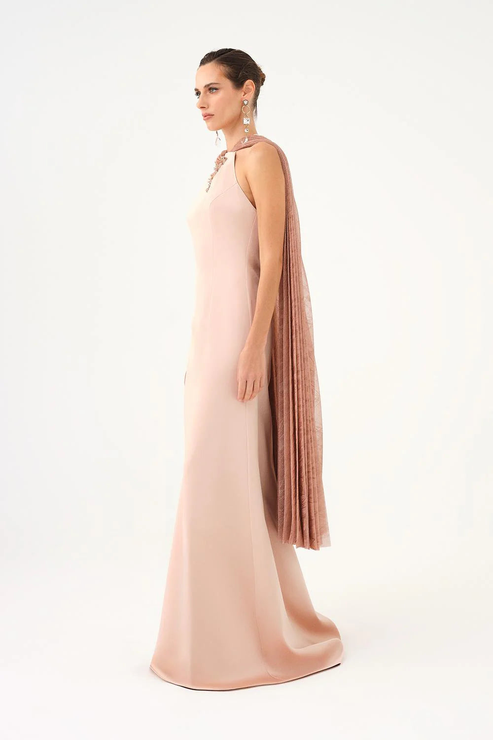 ŞALLI TAŞ İŞLEMELİ SATEN UZUN ABİYE ELBİSE - 9052C