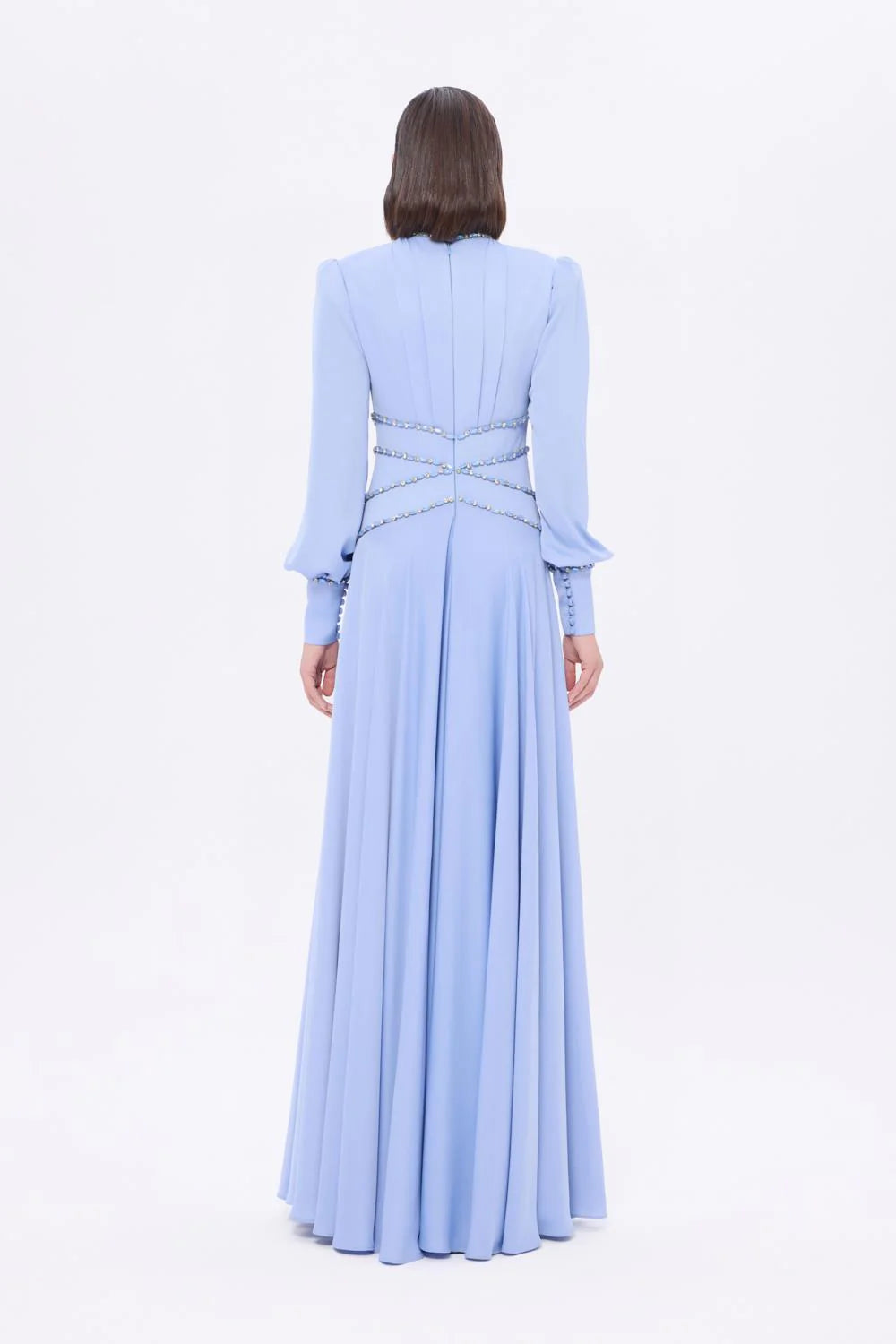 TAŞ İŞLEMELİ DİK YAKA SATEN UZUN ABİYE ELBİSE - 9219C