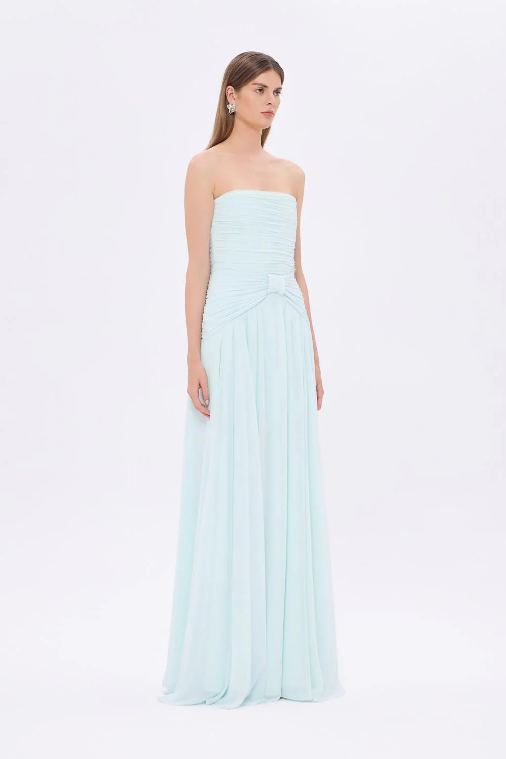 STRAPLEZ YAKA BEL DRAPELİ ŞİFON UZUN ABİYE ELBİSE - 9288C