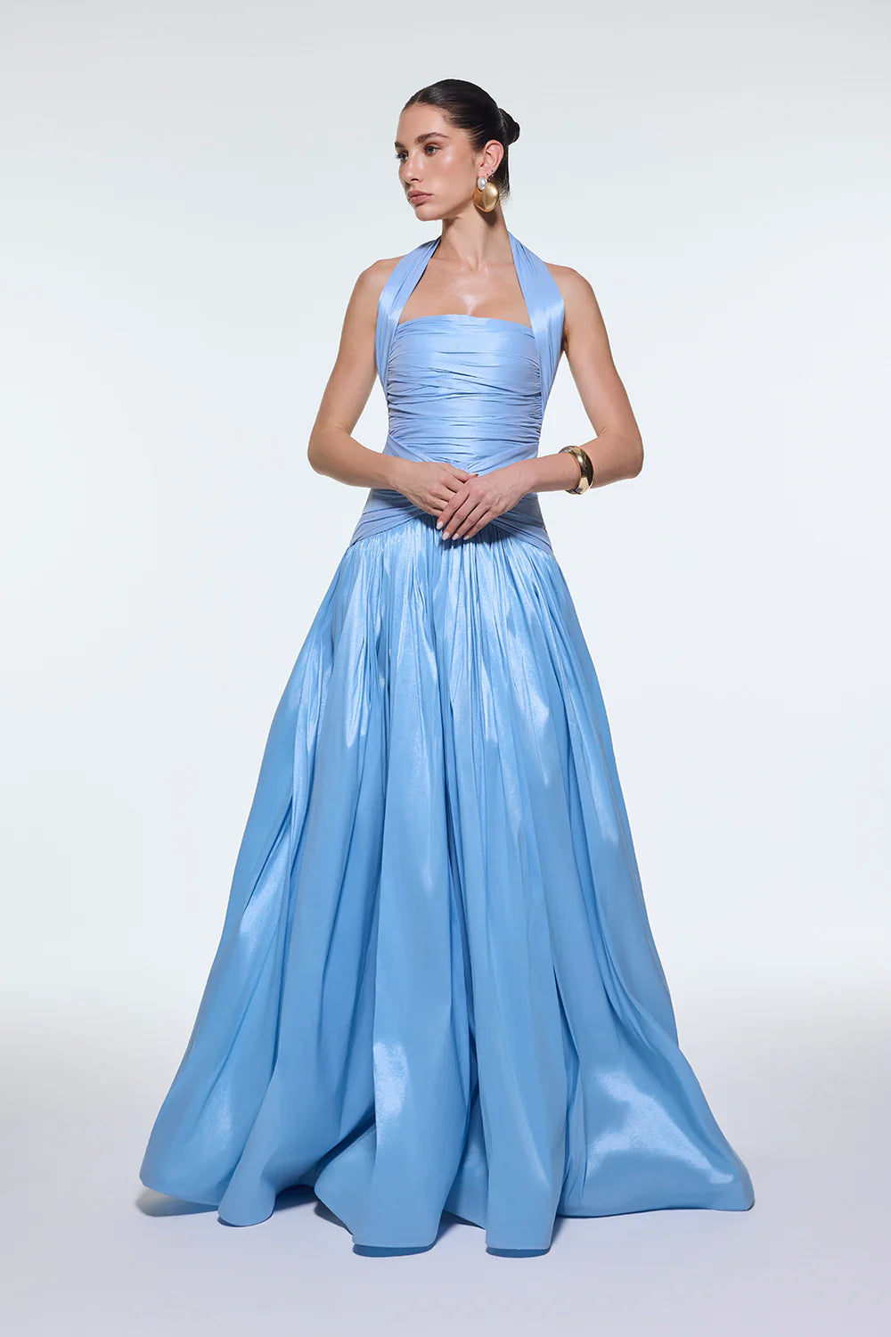 BOYUNDAN ASKILI DRAPELİ TAFTA UZUN ABİYE ELBİSE - 9280C