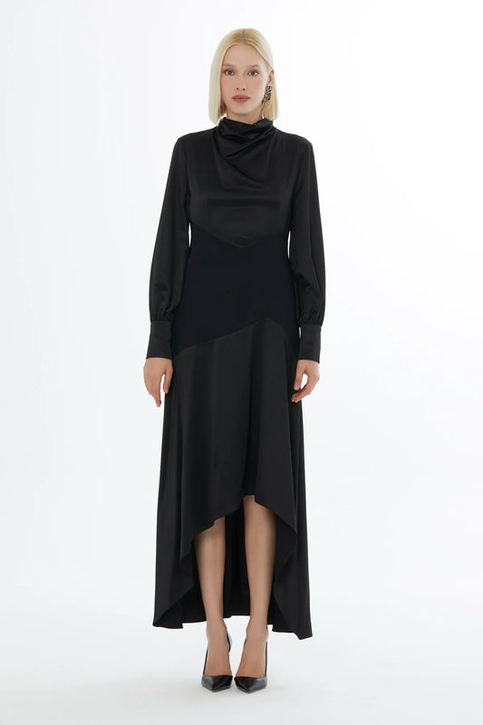 Degaje Yakalı Bel Detaylı Midi Elbise