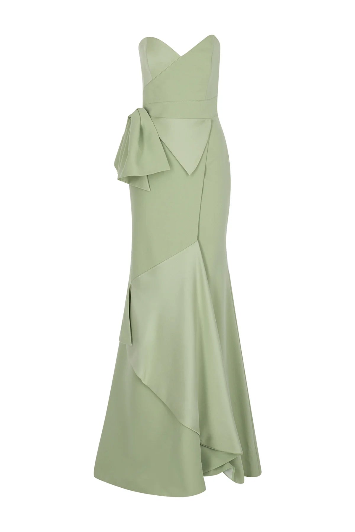 BELİ FİYONKLU STRAPLEZ YIRTMAÇLI ABİYE ELBİSE