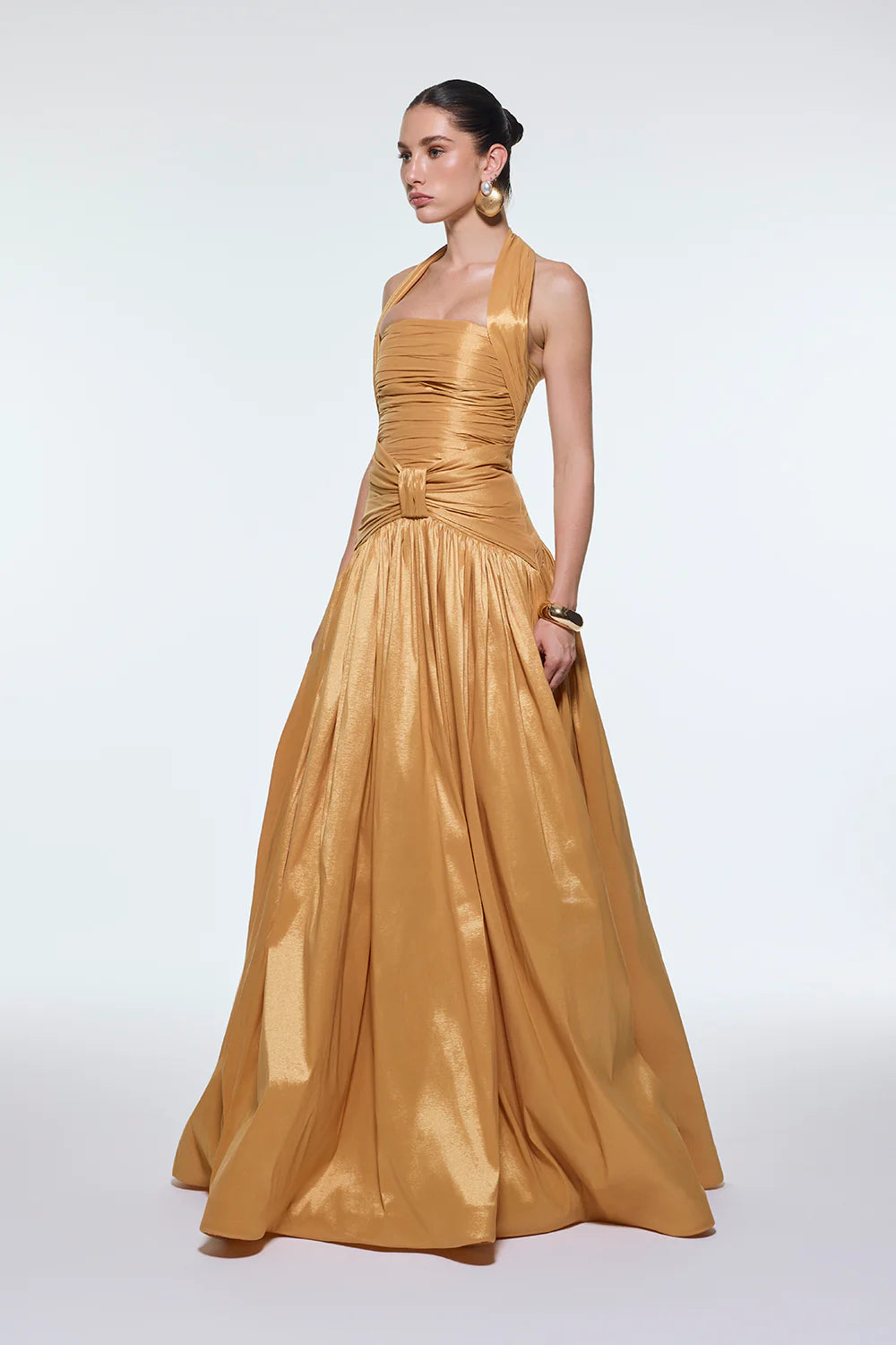 BOYUNDAN ASKILI DRAPELİ TAFTA UZUN ABİYE ELBİSE - 9280C