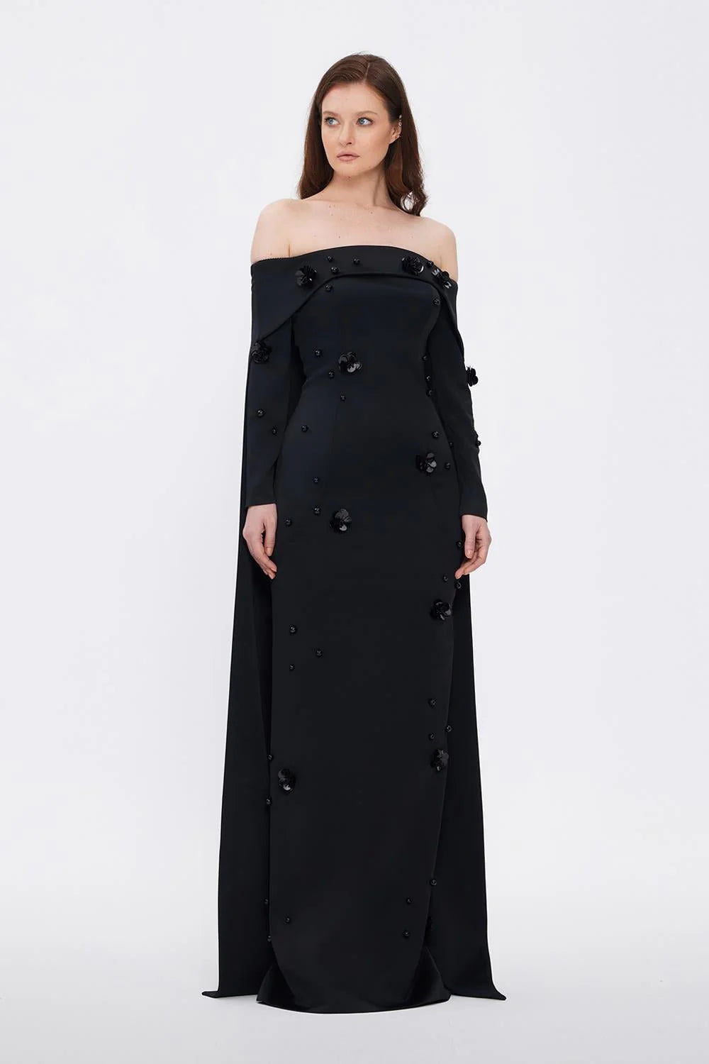 KAYIK YAKA AKSESUAR DETAYLI UZUN ABİYE ELBİSE - 01026C