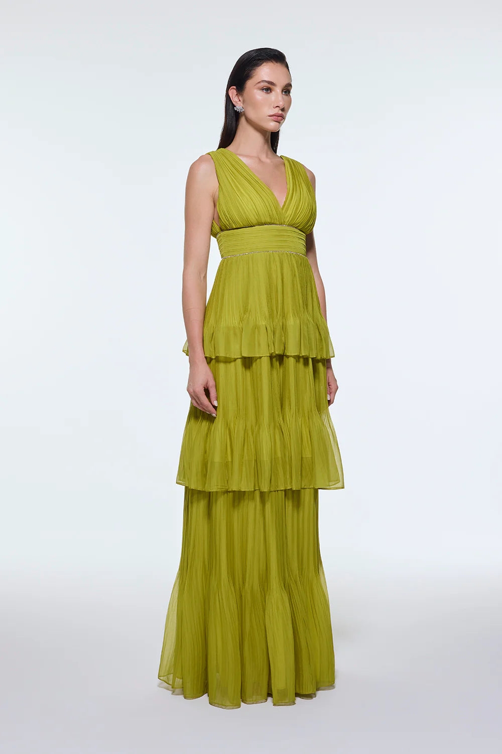 V YAKA VOLANLI ŞİFON UZUN ABİYE ELBİSE - 9274C