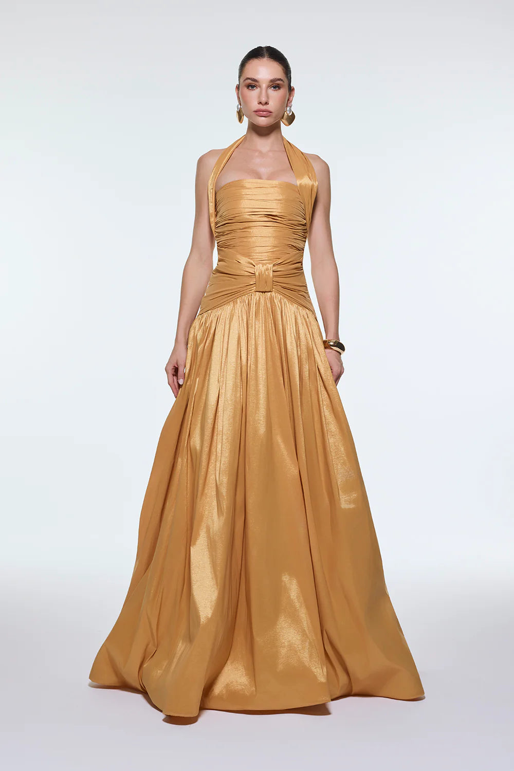 BOYUNDAN ASKILI DRAPELİ TAFTA UZUN ABİYE ELBİSE - 9280C