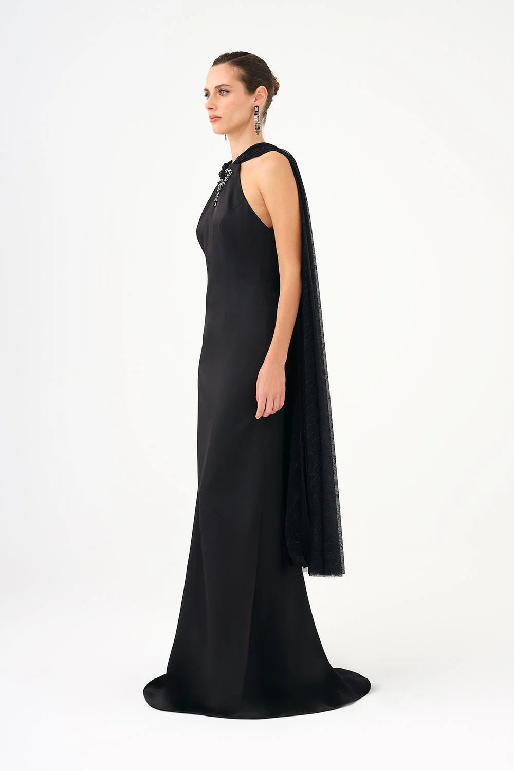 ŞALLI TAŞ İŞLEMELİ SATEN UZUN ABİYE ELBİSE - 9052C