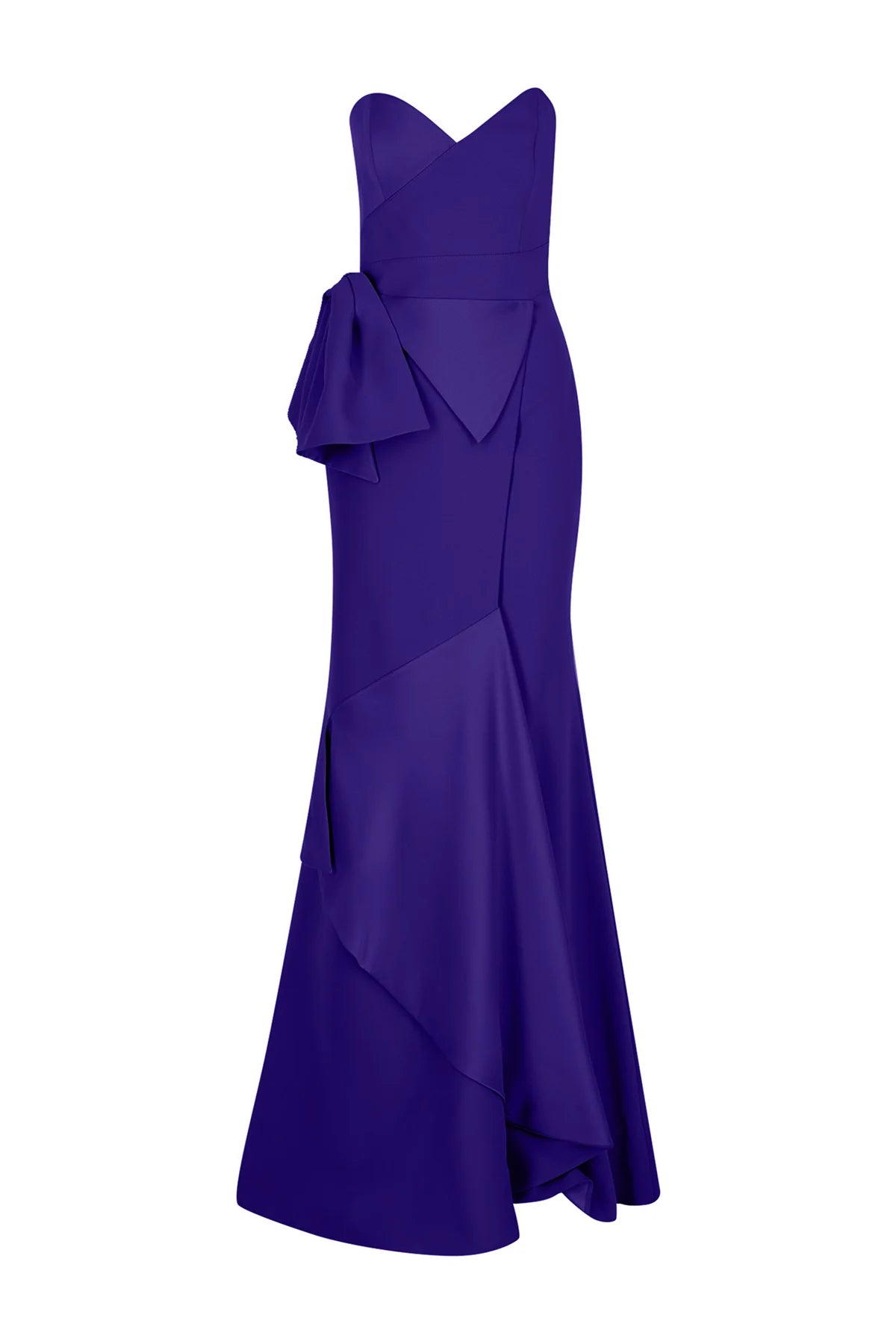 BELİ FİYONKLU STRAPLEZ YIRTMAÇLI ABİYE ELBİSE