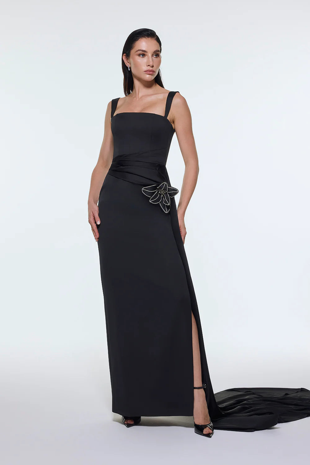 BEL DETAYLI ASKILI SATEN UZUN ABİYE ELBİSE - 9278C