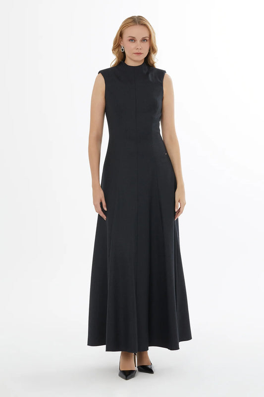 Bisiklet Yaka Arkası Gizli Fermuarlı Uzun Elbise