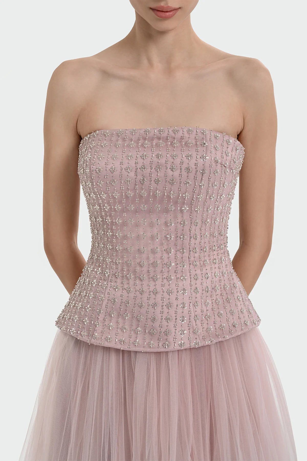 STRAPLEZ TAŞ İŞLEMELİ ETEK TÜL ABİYE ELBİSE 1369