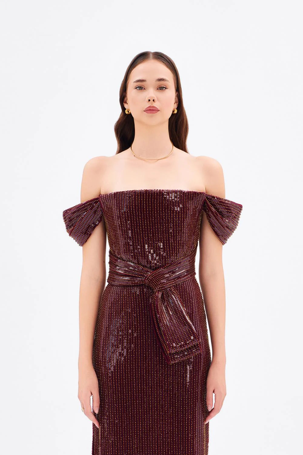 FİYONK DETAYLI PAYETLİ UZUN ABİYE ELBİSE - 9055C