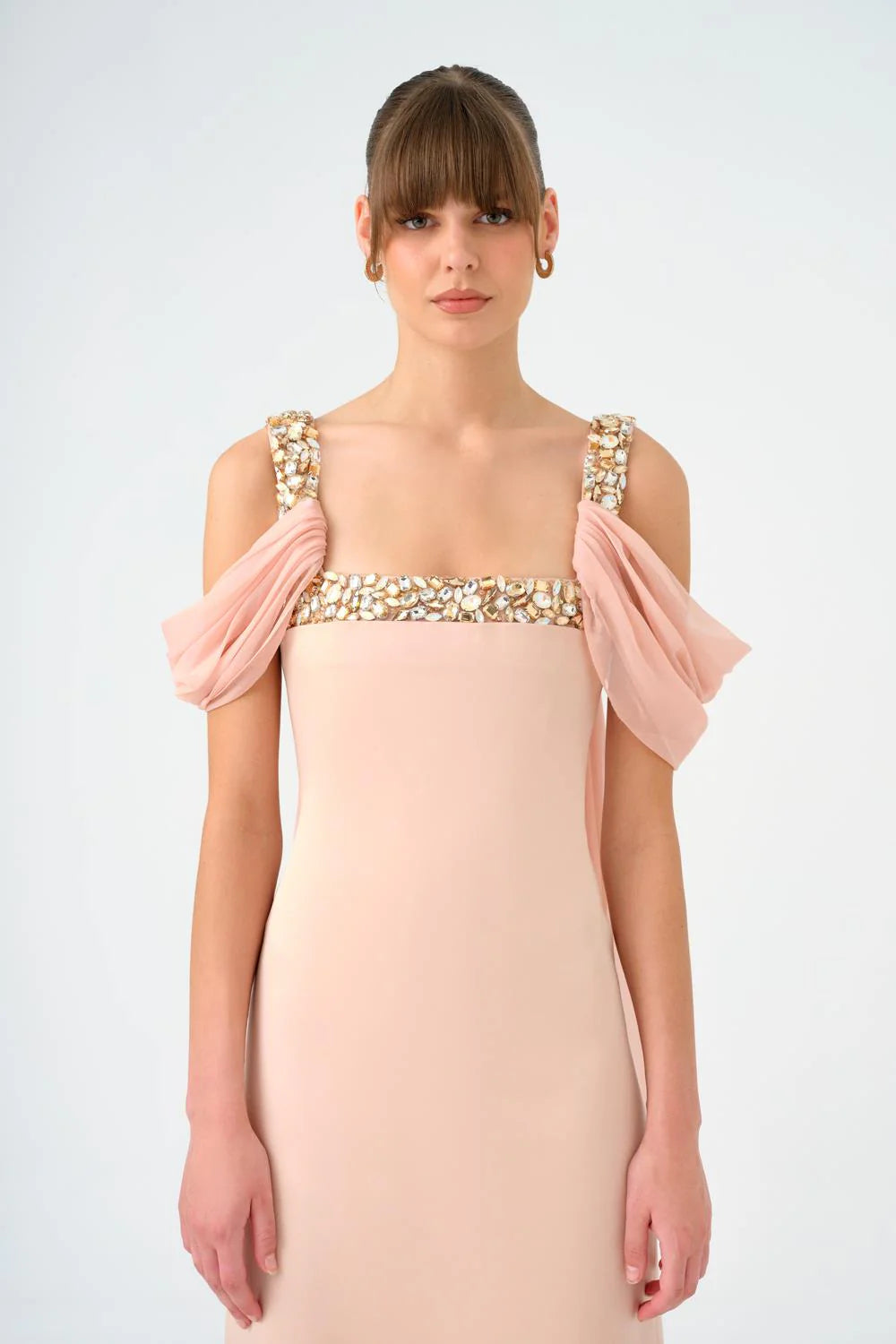 ŞİFON PELERİNLİ TAŞ İŞLEMELİ ASKILI UZUN ABİYE ELBİSE - 9053C