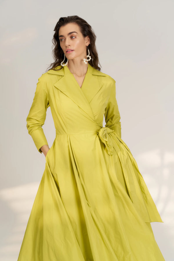 Kruvaze Tafta Elbise - Lime