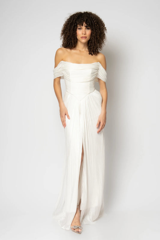 Robası enine pileli straplez ince organze abiye elbise 2205