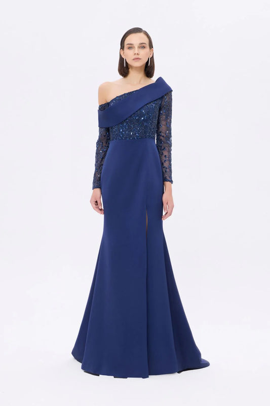 İŞLEME DETAYLI YIRTMAÇLI UZUN ABİYE ELBİSE - 9342C