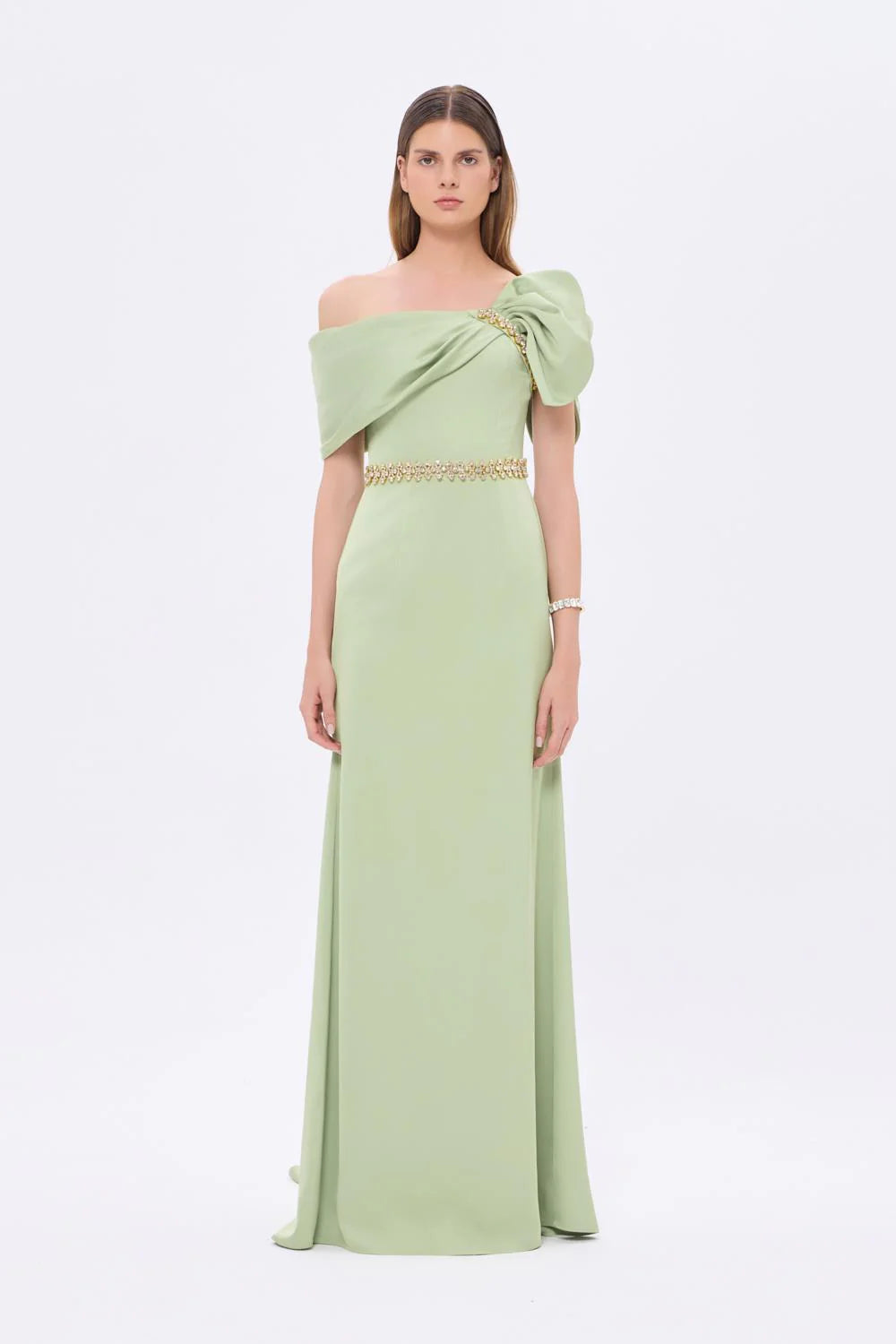 TAŞ İŞLEMELİ KEMER DETAYLI UZUN ABİYE ELBİSE - 9294C