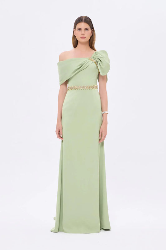 TAŞ İŞLEMELİ KEMER DETAYLI UZUN ABİYE ELBİSE - 9294C